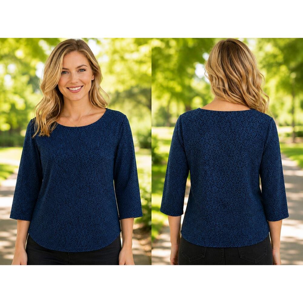 LOFT Women’s Medium Blue Patterned Knit Blouse 3/4 Sleeve Rounded Hem